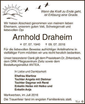 Traueranzeige von Arnhold Draheim von WVG - Wochenspiegel NMB / WSF / ZTZ