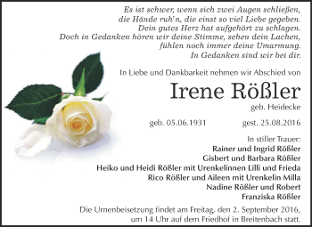 Traueranzeige von Irene Rößler von Wochenspiegel Mansfelder Land