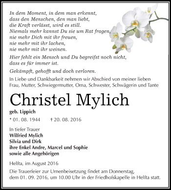 Traueranzeige von Christel Mylich von Super Sonntag SGH Mansf. Land