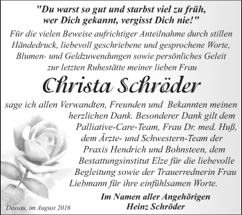 Traueranzeige von Christa Schröder von WVG - Wochenspiegel Dessau / Köthen