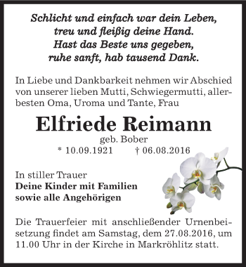 Traueranzeige von Elfriede Reimann von Mitteldeutsche Zeitung Weißenfels