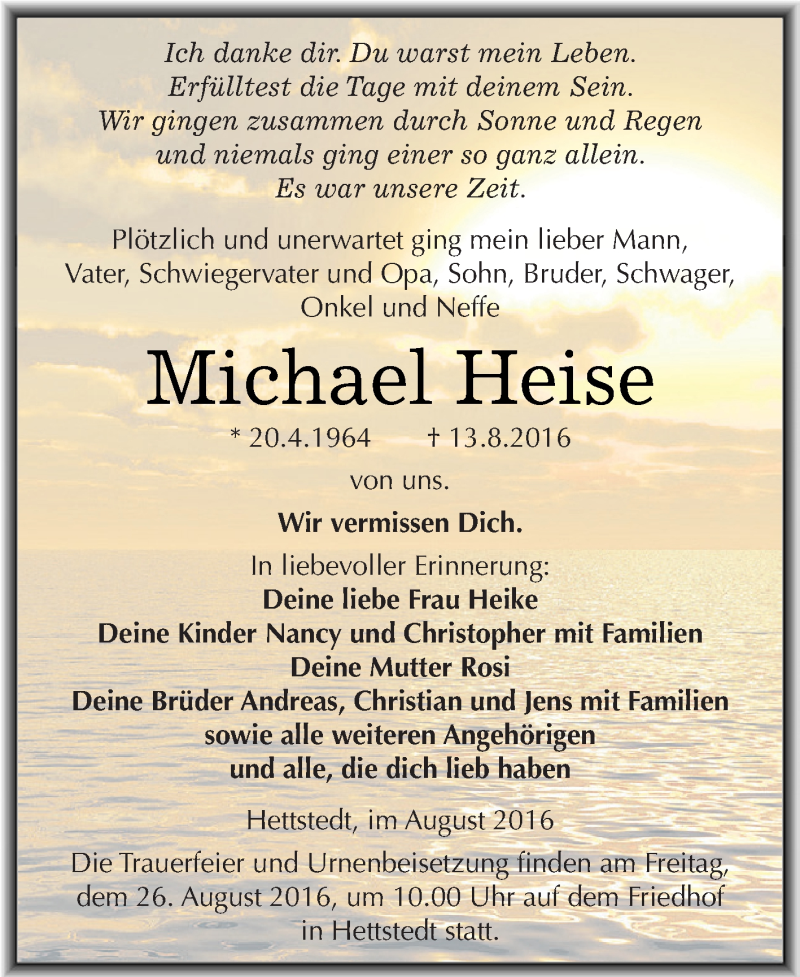  Traueranzeige für Michael Heise vom 20.08.2016 aus Super Sonntag SGH Mansf. Land