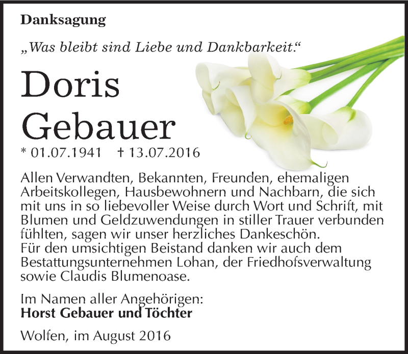  Traueranzeige für Doris Gebauer vom 06.08.2016 aus Mitteldeutsche Zeitung Bitterfeld