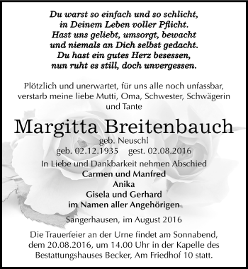 Traueranzeige von Margitta Breitenbauch von Mitteldeutsche Zeitung Sangerhausen