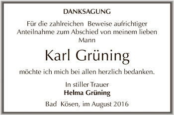 Traueranzeige von Karl Grüning von WVG - Wochenspiegel NMB / WSF / ZTZ