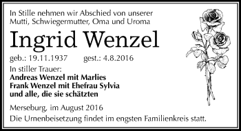 Traueranzeige von Ingrid Wenzel von Mitteldeutsche Zeitung Merseburg/Querfurt