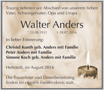 Traueranzeige von Walter Anders von Mitteldeutsche Zeitung Mansfelder Land