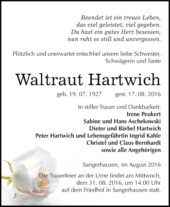 Traueranzeige von Waltraut Hartwich von WVG - Wochenspiegel SGH