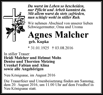 Traueranzeige von Agnes Malcher von Mitteldeutsche Zeitung Aschersleben
