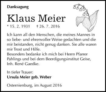 Traueranzeige von Klaus Meier von Mitteldeutsche Zeitung Köthen