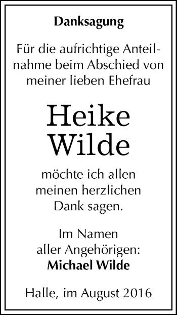 Traueranzeige von Heike Wilde von Mitteldeutsche Zeitung Halle/Saalkreis