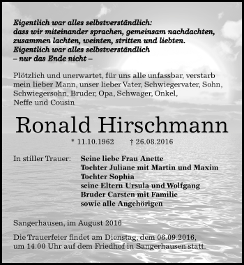 Traueranzeige von Ronald Hirschmann von Mitteldeutsche Zeitung Sangerhausen