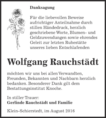 Traueranzeige von Wolfgang Rauchstädt von Super Sonntag Aschersleben
