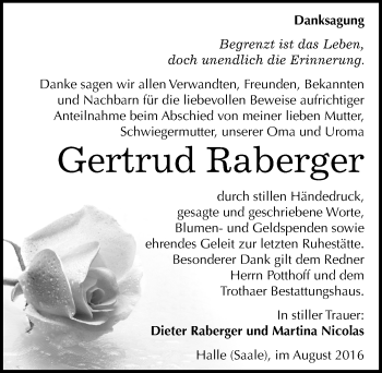 Traueranzeige von Gertrud Raberger von Mitteldeutsche Zeitung Halle/Saalkreis