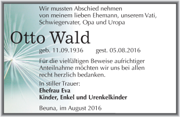 Traueranzeige von Otto Wald von Mitteldeutsche Zeitung Merseburg/Querfurt