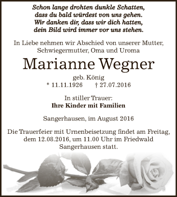 Traueranzeige von Marianne Wegner von Super Sonntag SGH Mansf. Land