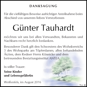 Traueranzeige von Günter Tauhardt von WVG - Wochenspiegel NMB / WSF / ZTZ