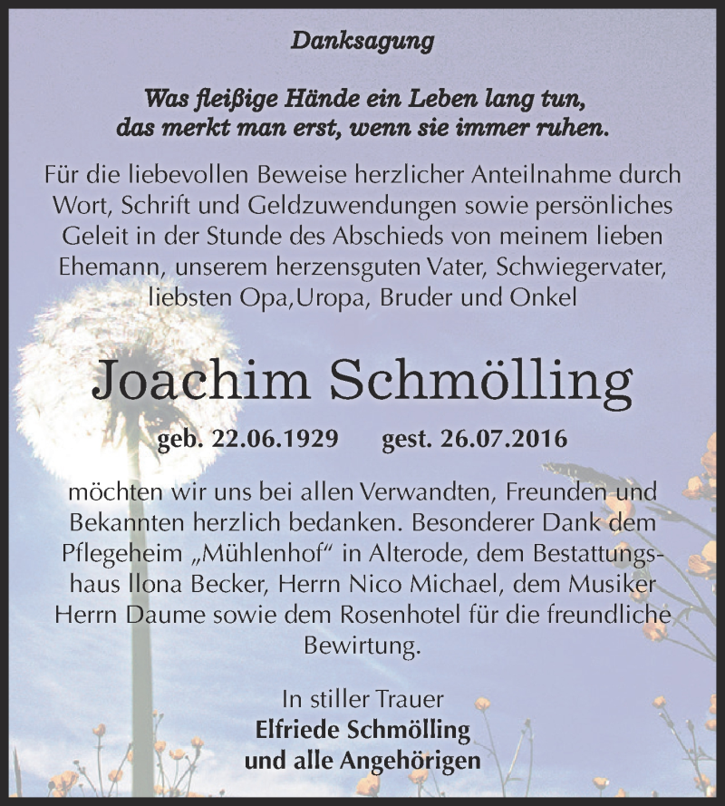  Traueranzeige für Joachim Schmölling vom 27.08.2016 aus Super Sonntag SGH Mansf. Land