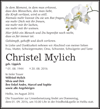 Traueranzeige von Christel Mylich von Mitteldeutsche Zeitung Mansfelder Land