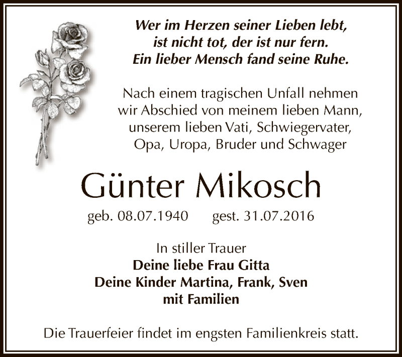  Traueranzeige für Günter Mikosch vom 13.08.2016 aus WVG - Wochenspiegel Dessau / Köthen