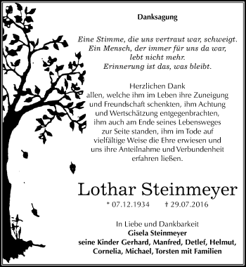 Traueranzeige von Lothar Steinmeyer von Mitteldeutsche Zeitung Dessau-Roßlau