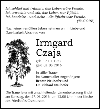 Traueranzeige von Irmgard Czaja von Mitteldeutsche Zeitung Halle/Saalkreis