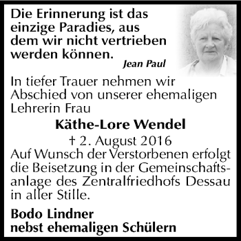 Traueranzeige von Käthe-Lore Wendel von Mitteldeutsche Zeitung Dessau-Roßlau