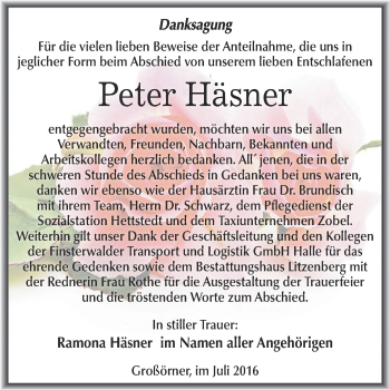 Traueranzeige von Peter Häsner von Wochenspiegel Mansfelder Land
