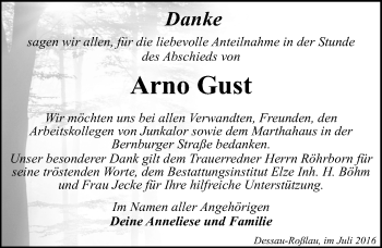 Traueranzeige von Arno Ernst Gust von Mitteldeutsche Zeitung Dessau-Roßlau