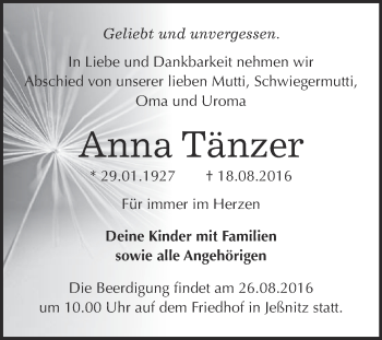 Traueranzeige von Anna Tänzer von WVG - Wochenspiegel Bitterfeld