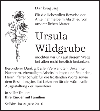 Traueranzeige von Ursula Wildgrube von WVG - Wochenspiegel Wittenberg