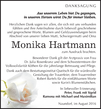 Traueranzeige von Monika Hartmann von Mitteldeutsche Zeitung Köthen