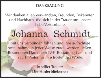 Traueranzeige von Johanna Schmidt von WVG - Wochenspiegel NMB / WSF / ZTZ