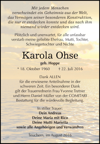 Traueranzeige von Karola Ohse von WVG - Wochenspiegel NMB / WSF / ZTZ