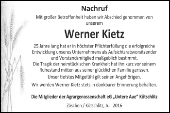 Traueranzeige von Werner Kietz von Super Sonntag Merseburg