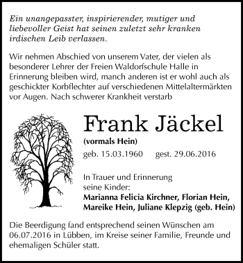 Traueranzeige von Frank Jäckel von Mitteldeutsche Zeitung Halle/Saalkreis