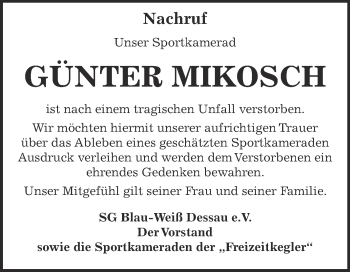 Traueranzeige von Günter Mikosch von Super Sonntag Dessau / Köthen