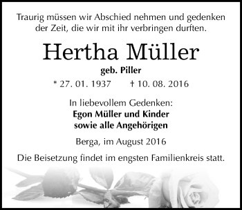 Traueranzeige von Hertha Müller von Mitteldeutsche Zeitung Sangerhausen