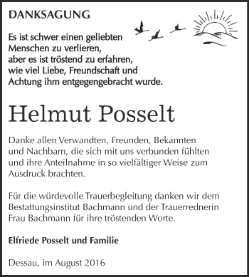Traueranzeige von Helmut Posselt von WVG - Wochenspiegel Dessau / Köthen