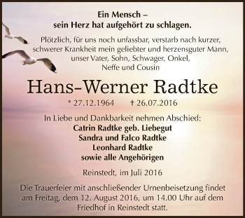 Traueranzeige von Hans-Werner Radtke von Super Sonntag Aschersleben