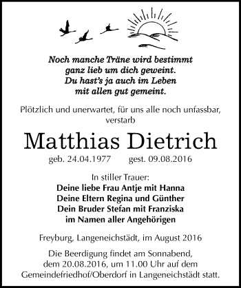 Traueranzeige von Matthias Dietrich von Mitteldeutsche Zeitung Merseburg/Querfurt