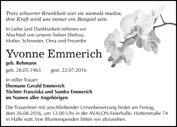 Traueranzeige von Yvonne Emmerich von Mitteldeutsche Zeitung Halle/Saalkreis