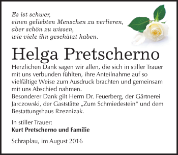 Traueranzeige von Helga Pretscherno von Mitteldeutsche Zeitung Merseburg/Querfurt