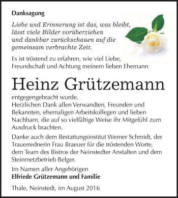 Traueranzeige von Heinz Grützemann von WVG - Wochenspiegel Quedlinburg