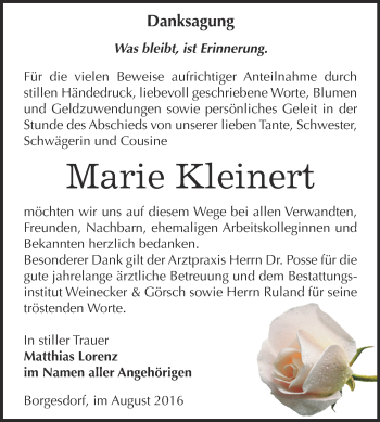 Traueranzeige von Marie Kleinert von Super Sonntag Bernburg