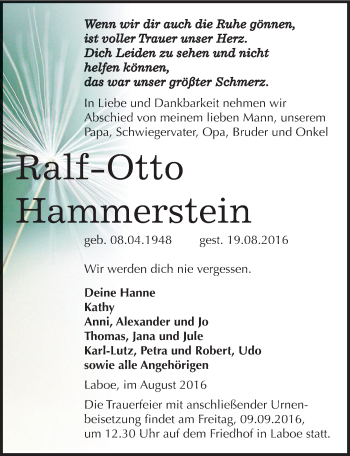 Traueranzeige von Ralf-Otto Hammerstein von Mitteldeutsche Zeitung Weißenfels