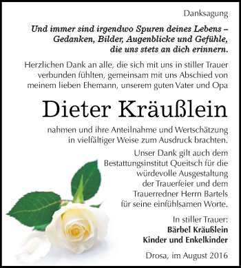 Traueranzeige von Dieter Kräußlein von WVG - Wochenspiegel Dessau / Köthen