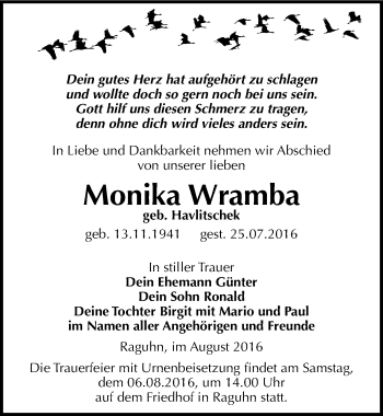 Traueranzeige von Monika Wramba von Mitteldeutsche Zeitung Bitterfeld