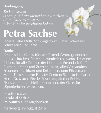 Traueranzeige von Petra Sachse von WVG - Wochenspiegel Merseburg