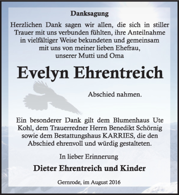 Traueranzeige von Evelyn Ehrentreich von Mitteldeutsche Zeitung Quedlinburg